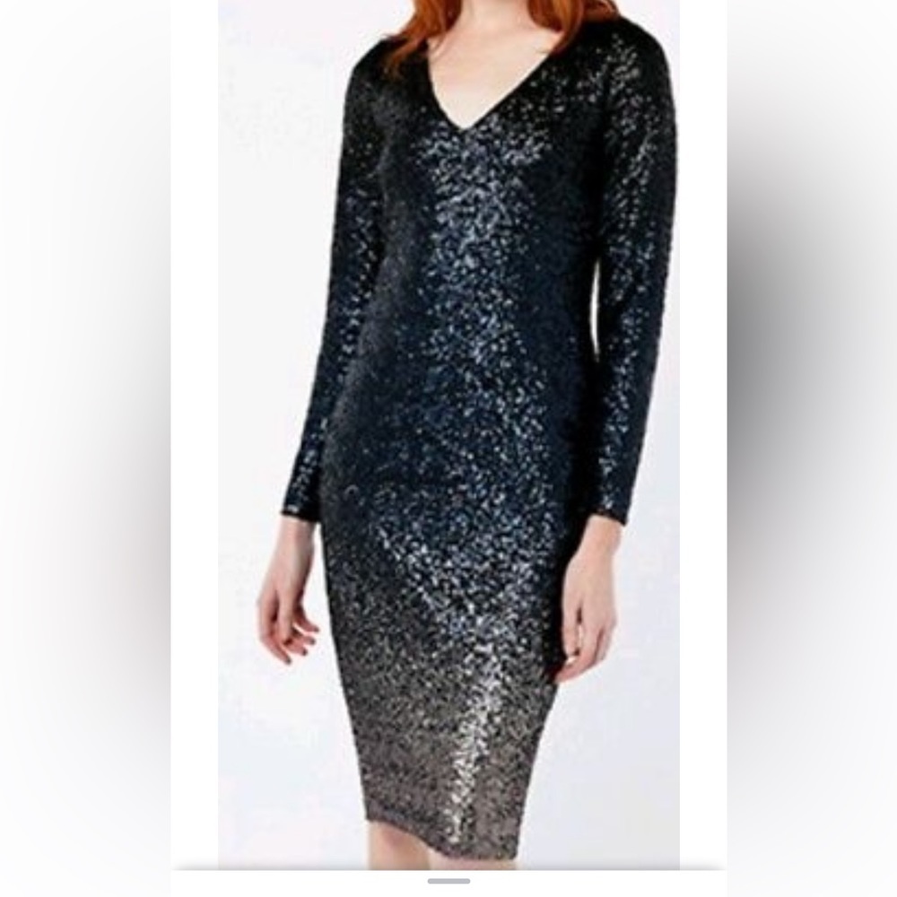 Monsoon Sequins Ombré Navy Blue V-Neck Long Sleeve Midi Cocktail Dress, Size M
